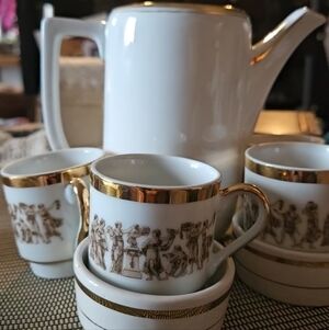 22kt x14 pce Set Greek gilded vtg Demitasse Pitcher Fruitbowl set